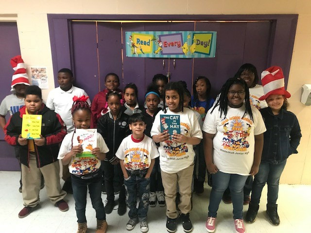 Kinterbish Junior High School, Sumter County Students showing Dr. Seuss books donated
