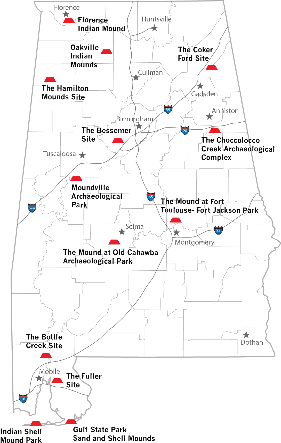 Map of Alabama showing Indigenous Mound Trail sites, major highways 