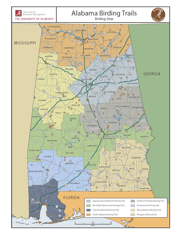 Map of Alabama showing eight birding regions and birding trails locations