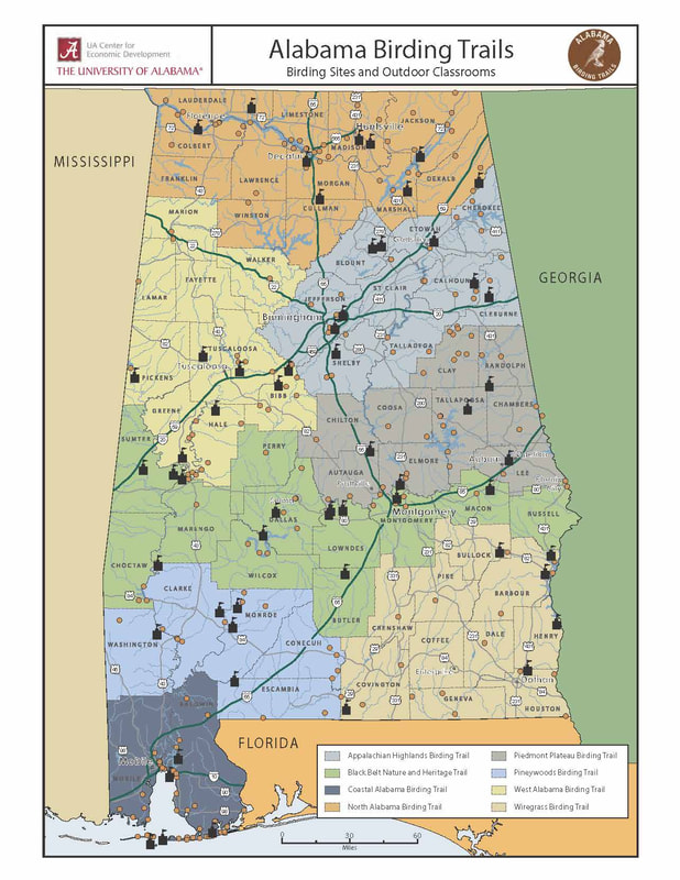 Map of Alabama showing eight birding regions and outdoor classroom locations