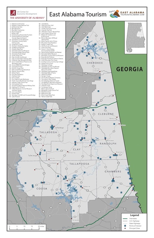 Map of Cherokee, Cleburne, Talladega, Clay, Randolph Coosa, Tallapoosa, Chambers counties