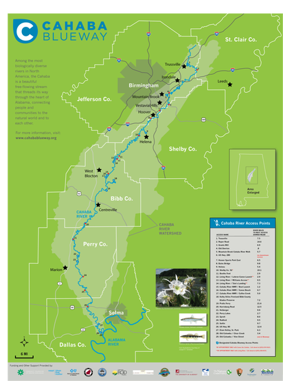 Cahaba Blueway map showing counties, river, access points