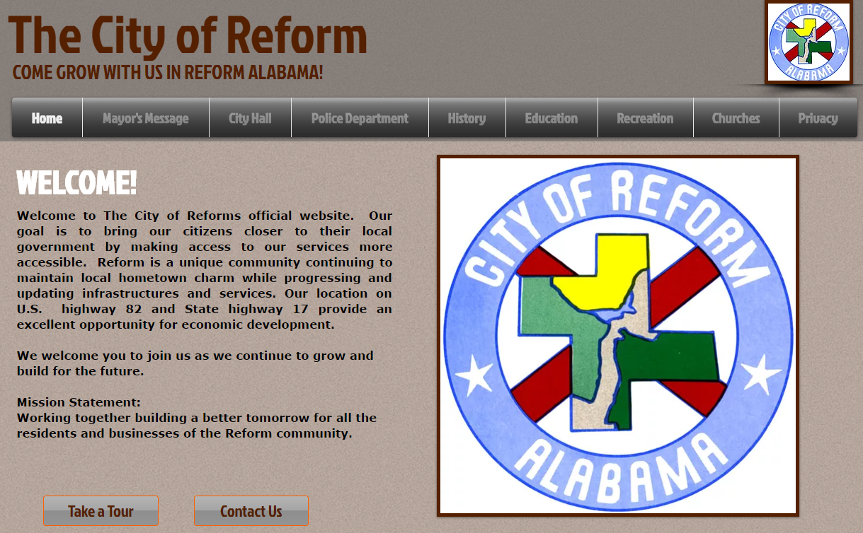 Computer screen shot of City of Reform, AL website